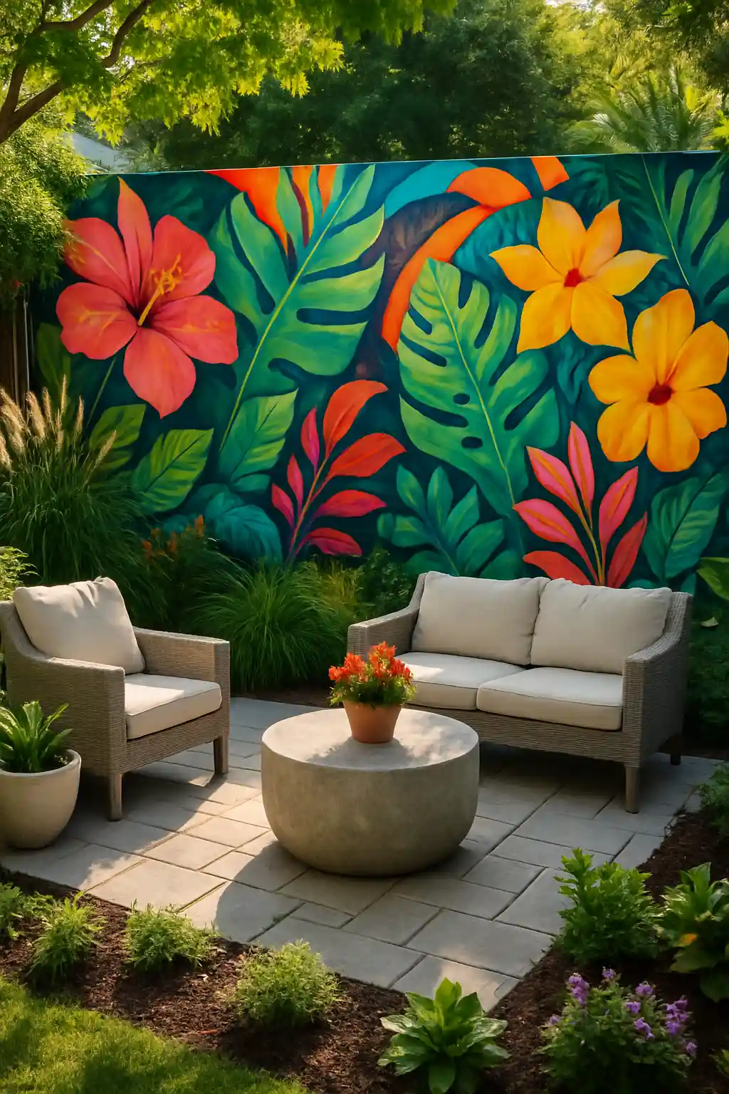 Colorful mural painted on backyard fence wall