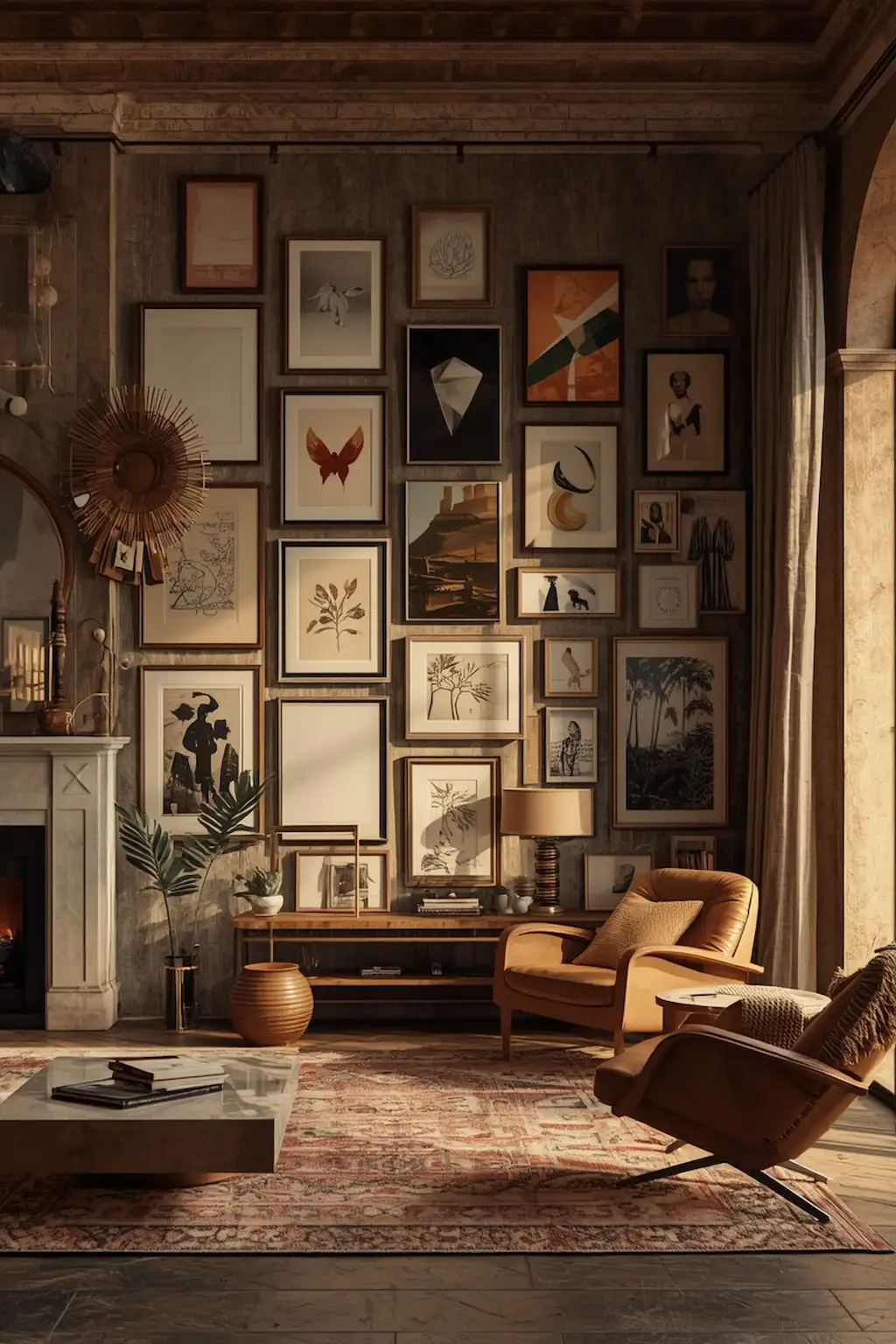 Creative asymmetrical gallery wall with eclectic modern decor