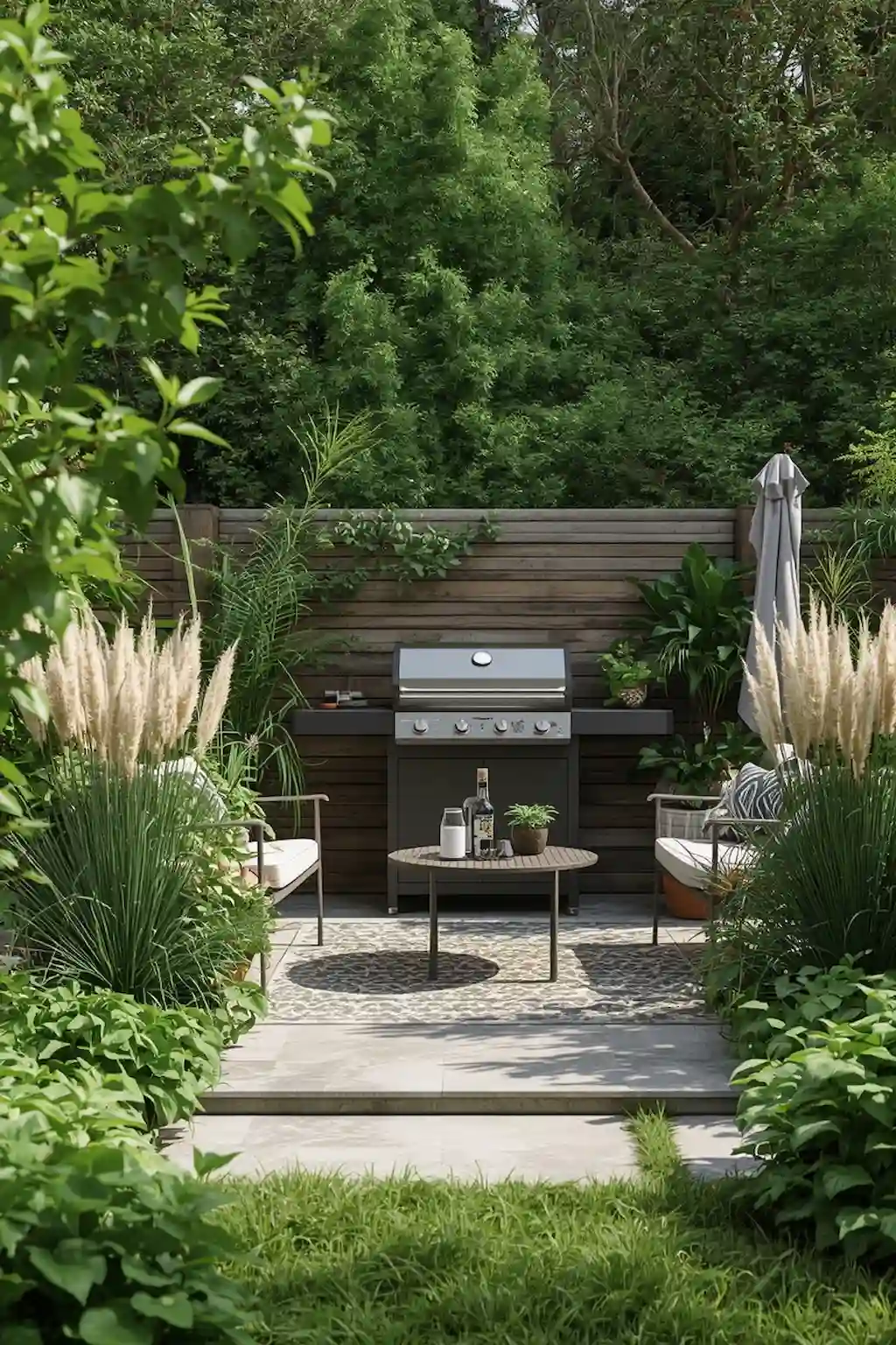 Outdoor BBQ area decorated with plants, herbs, and decorative greenery