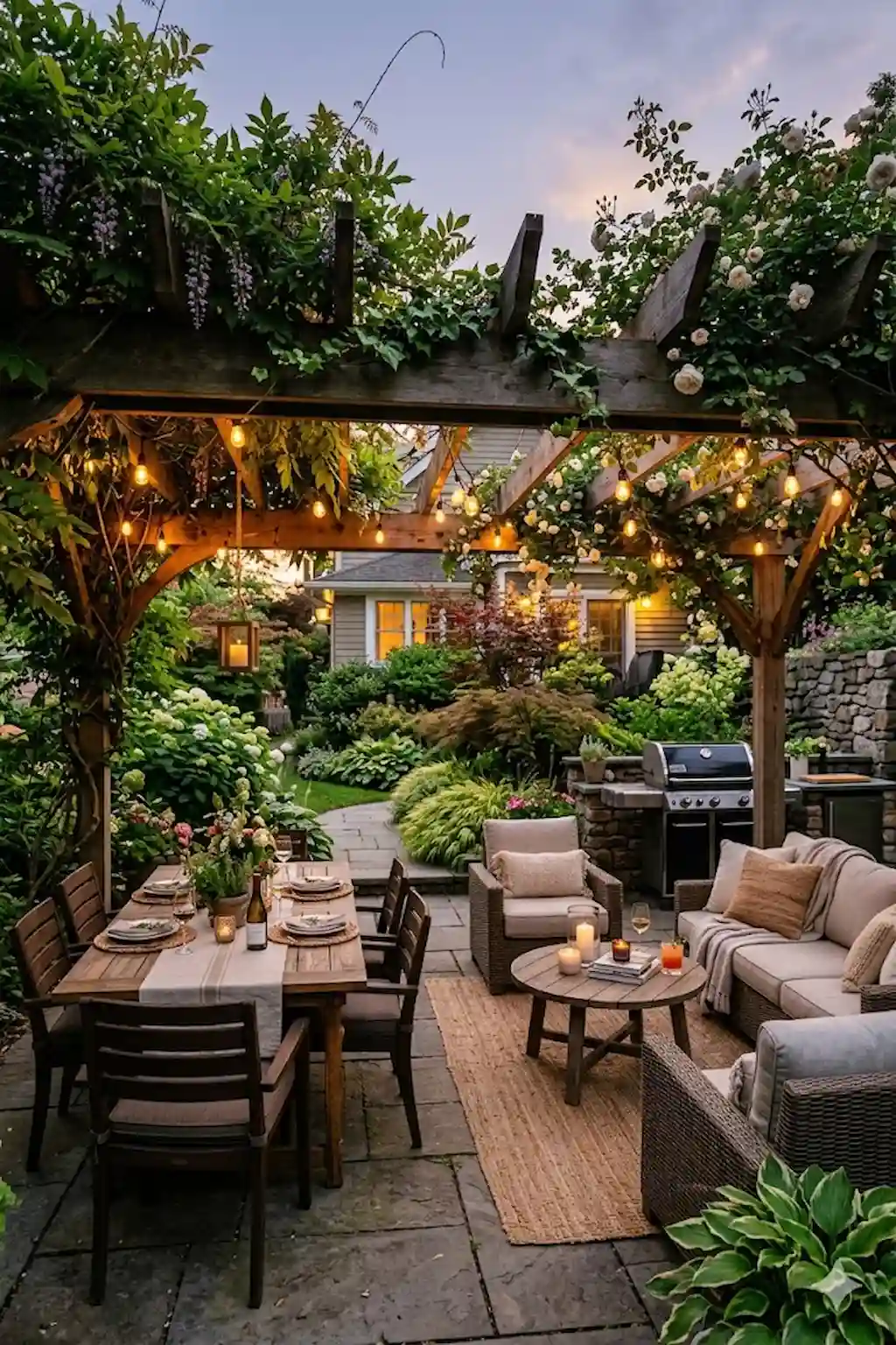 Outdoor BBQ area under a wooden pergola with lights and climbing plants