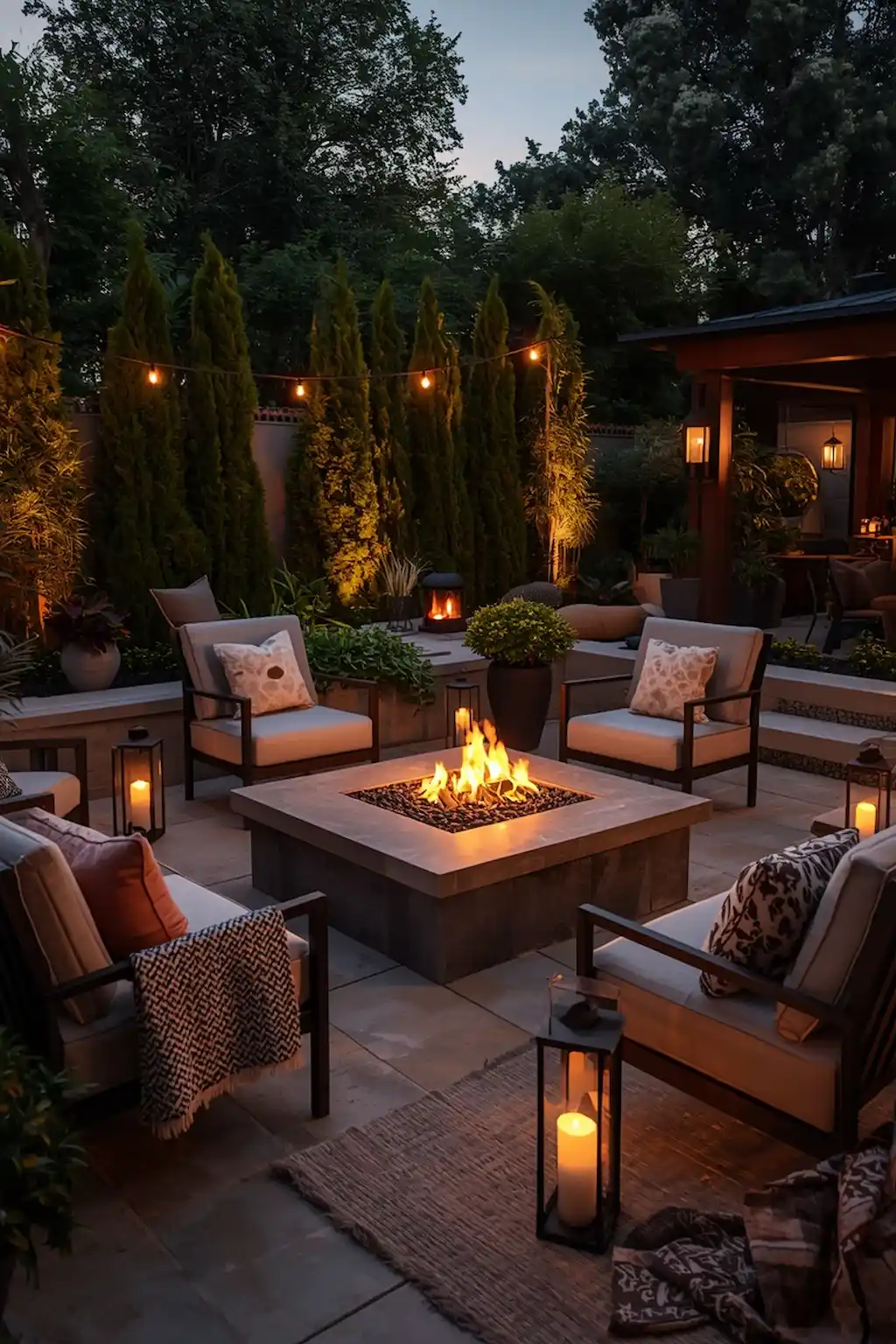Modern outdoor patio with fire pit and cozy seating area