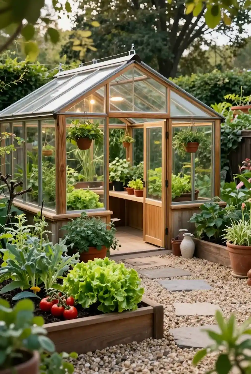 Cozy backyard greenhouse filled with vegetables and plants