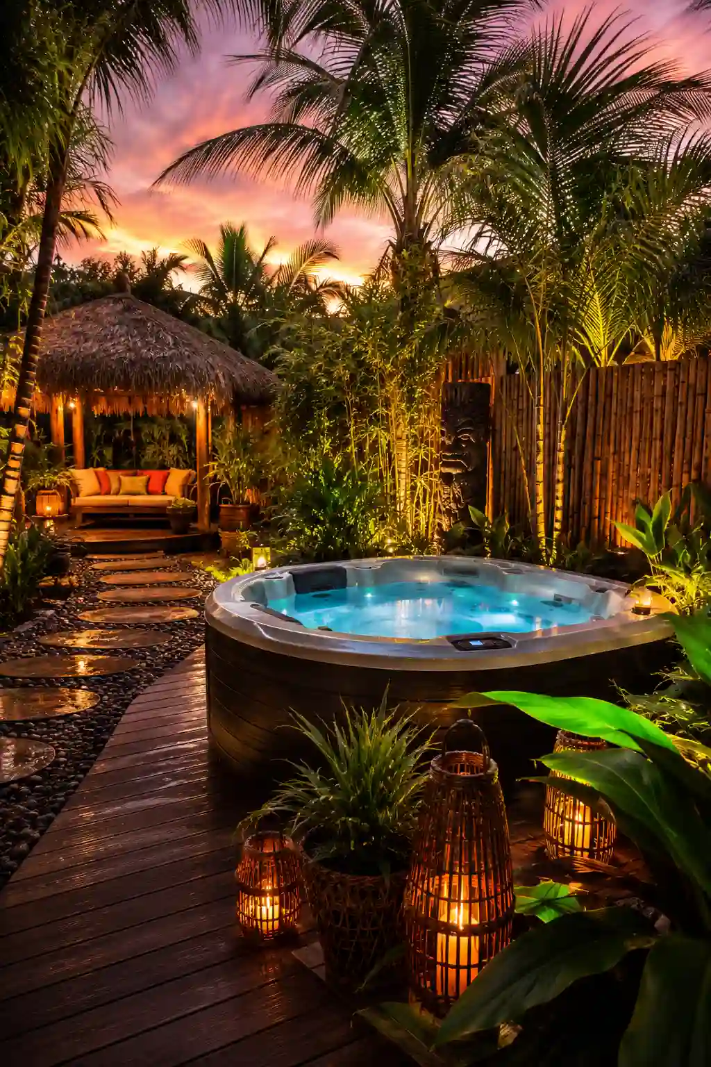 Hot tub surrounded by lush tropical plants and cozy outdoor decor