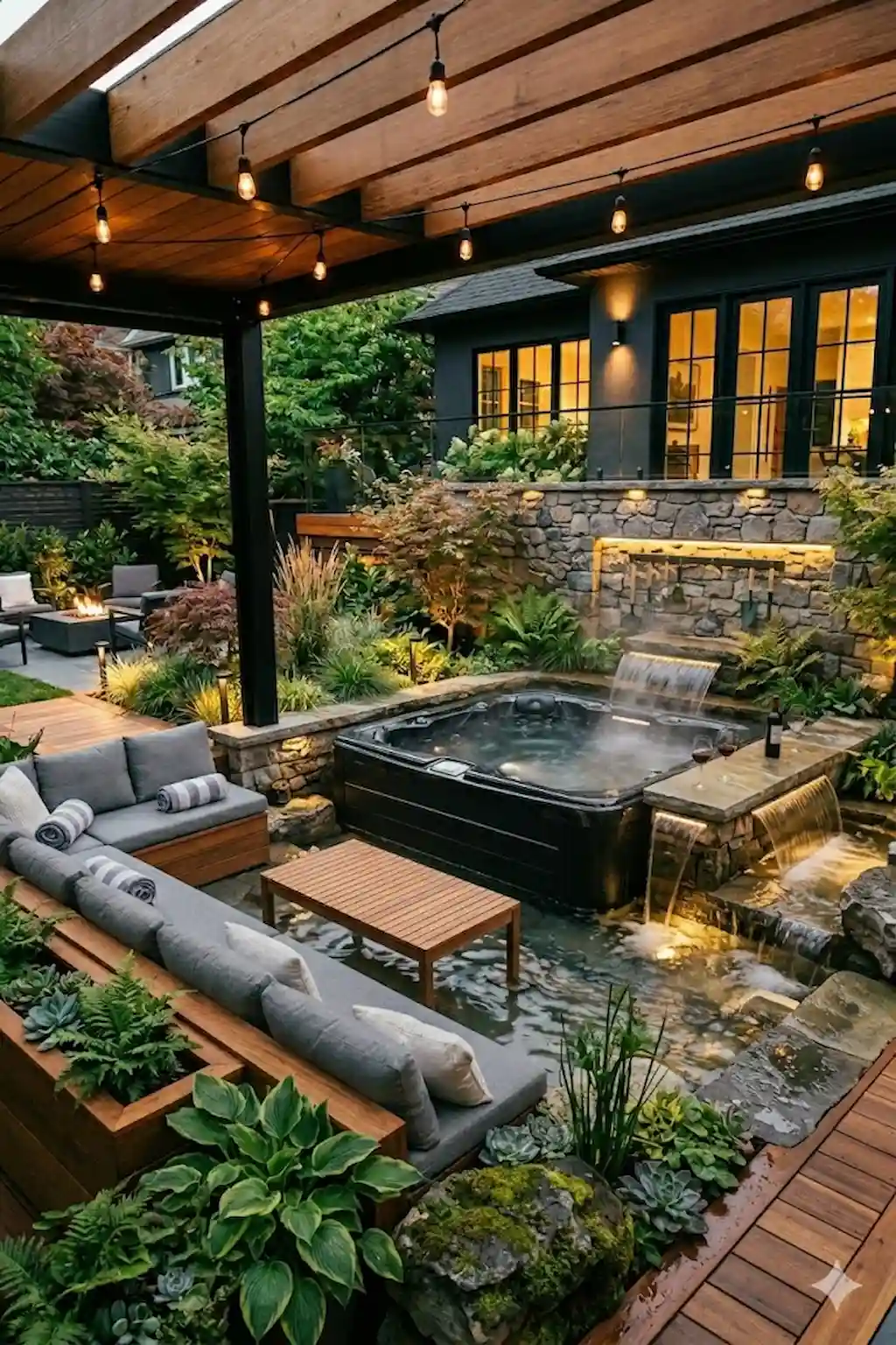 Luxury backyard hot tub with waterfall feature and spa-inspired decor