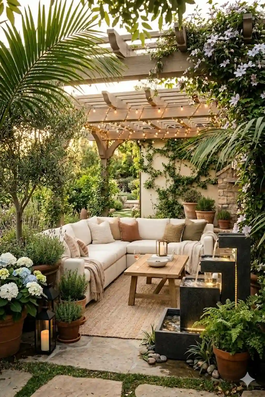 Relaxing patio with modern fountain and lush greenery