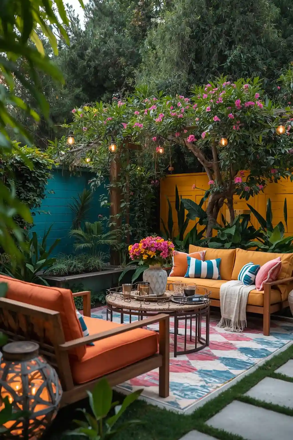 Well-balanced colorful backyard with natural textures