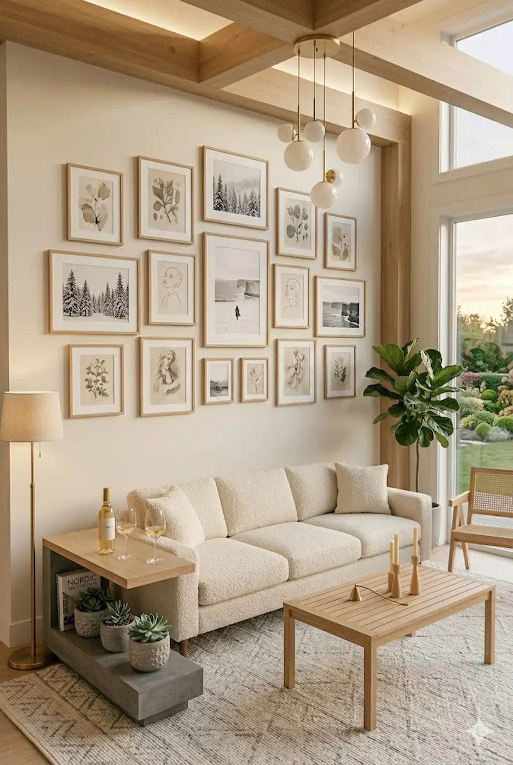 Elegant balanced gallery wall with neutral artwork and modern styling