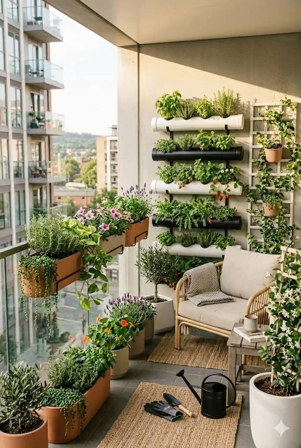 Apartment balcony railing decorated with flowers and herb planters