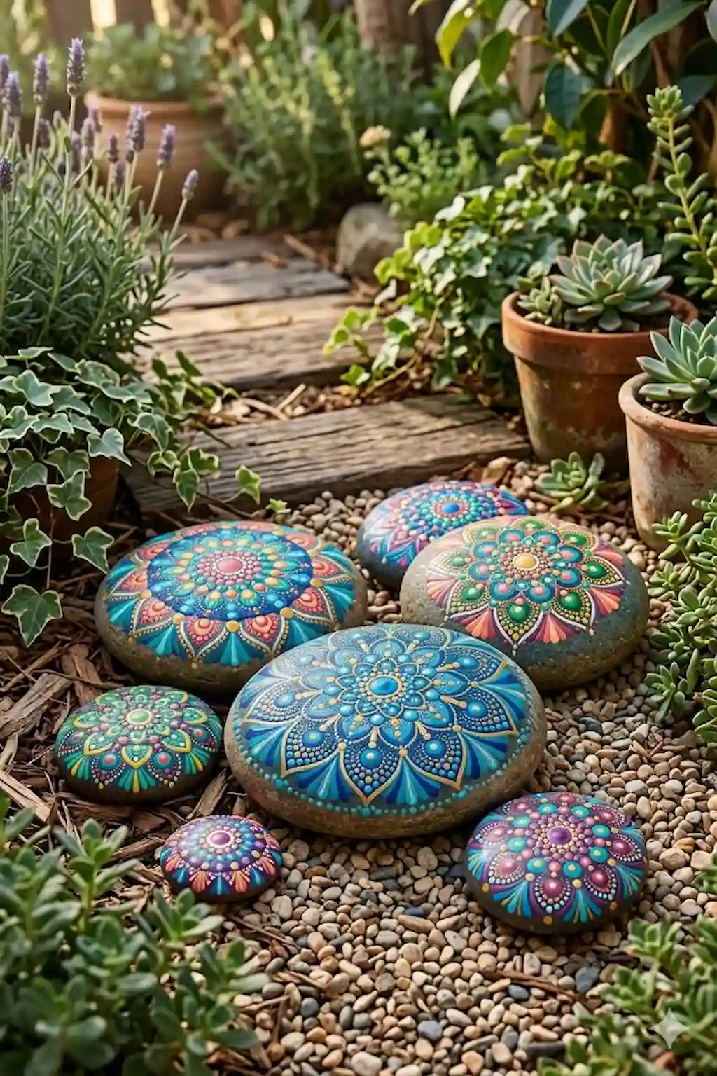 Decorative mandala-painted rocks featuring intricate colorful patterns