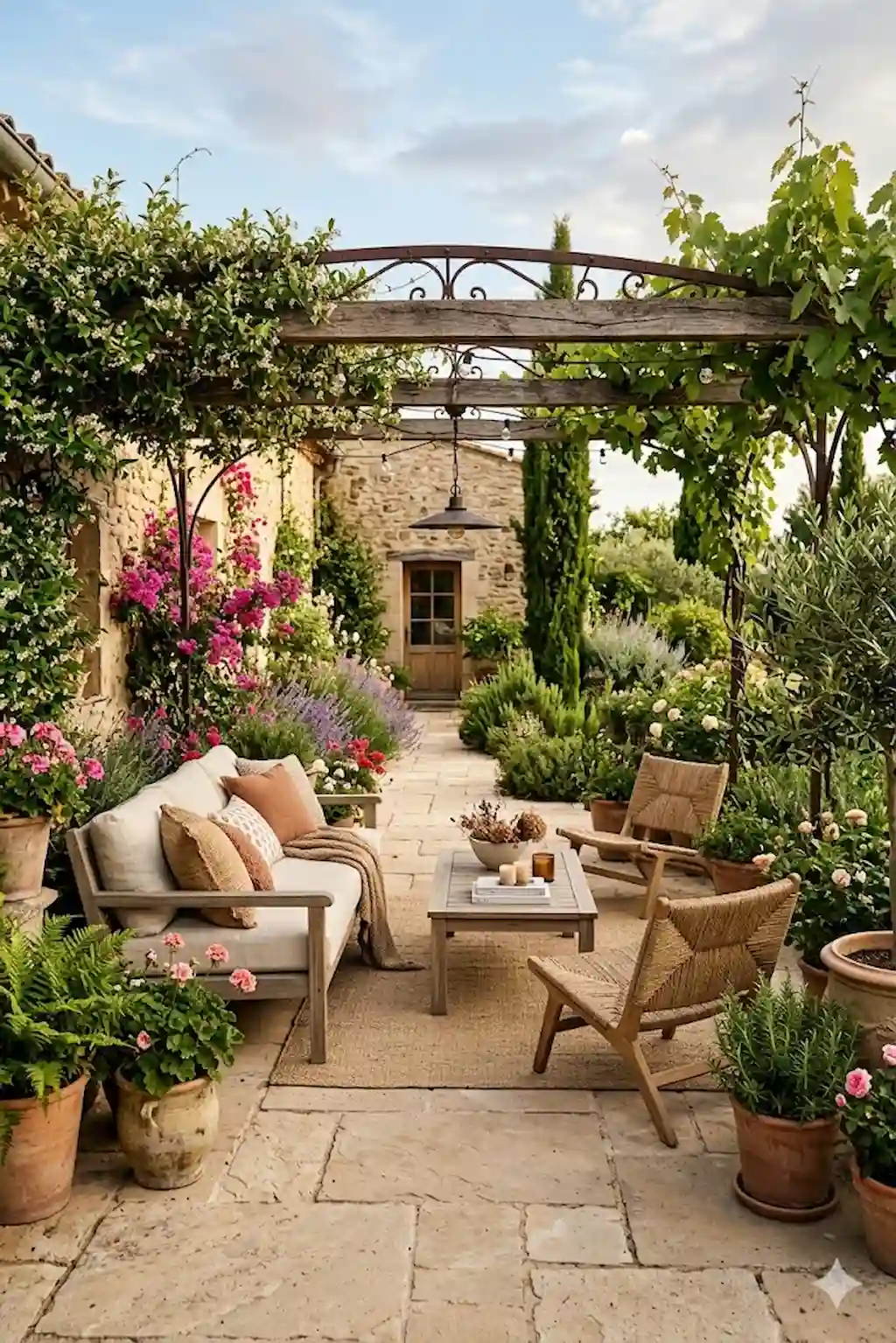 Elegant sandstone patio with comfortable seating and landscaped garden