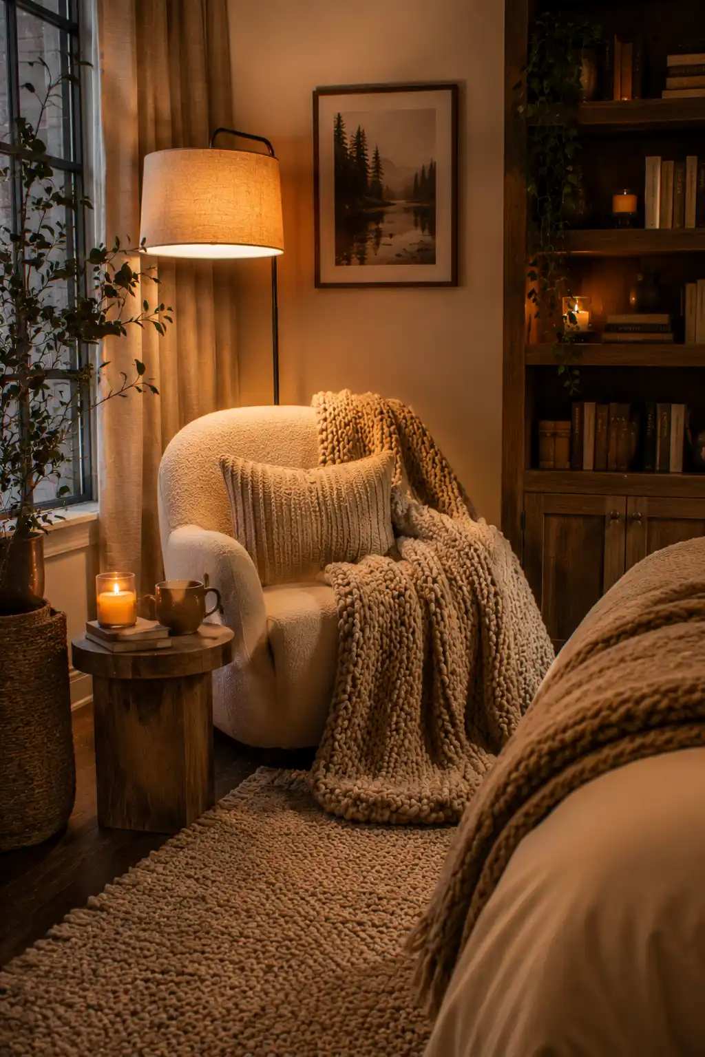 Cozy bedroom reading corner with a soft chair, warm lamp, and layered textures.