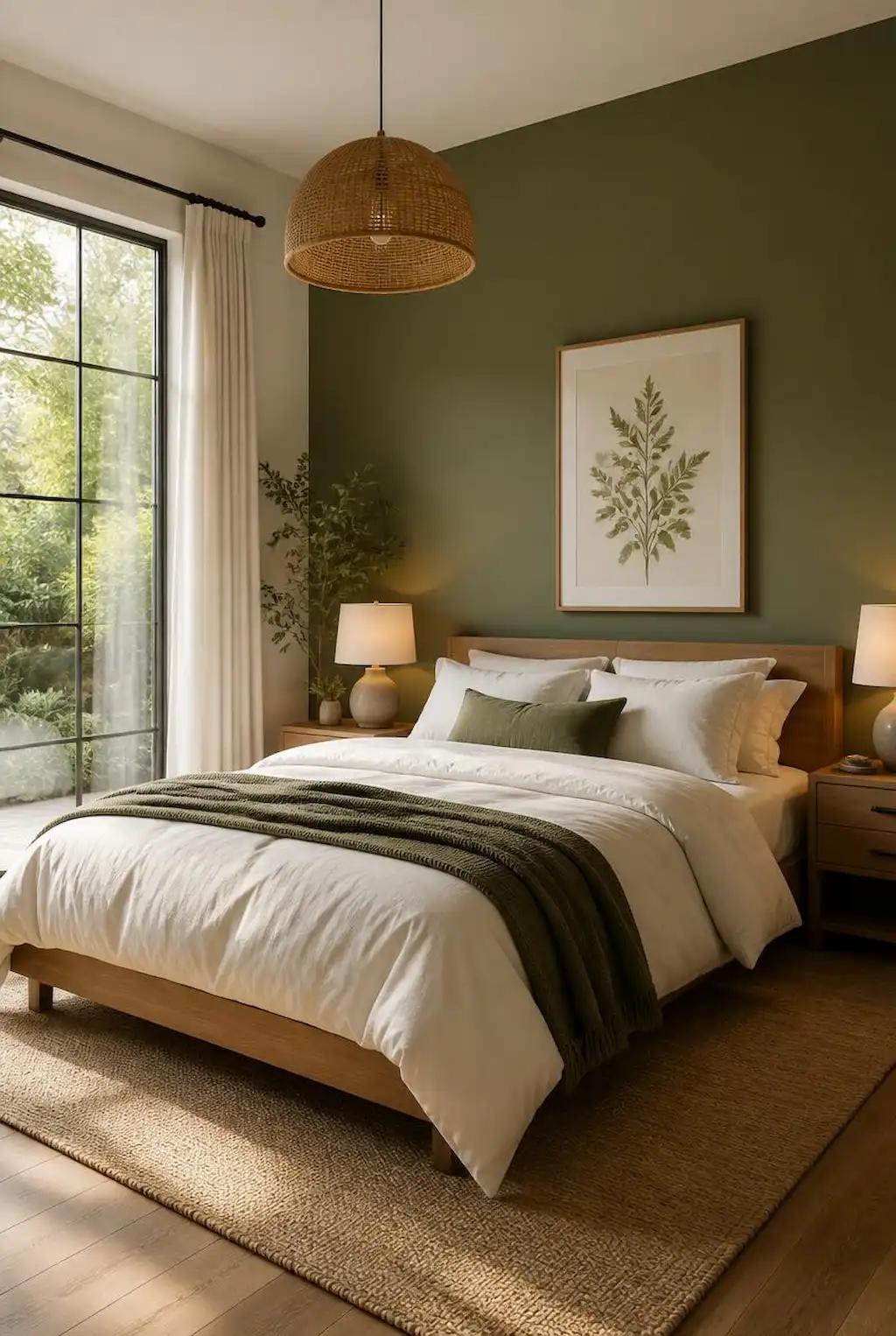 Bedroom with olive green accent wall and modern cozy design