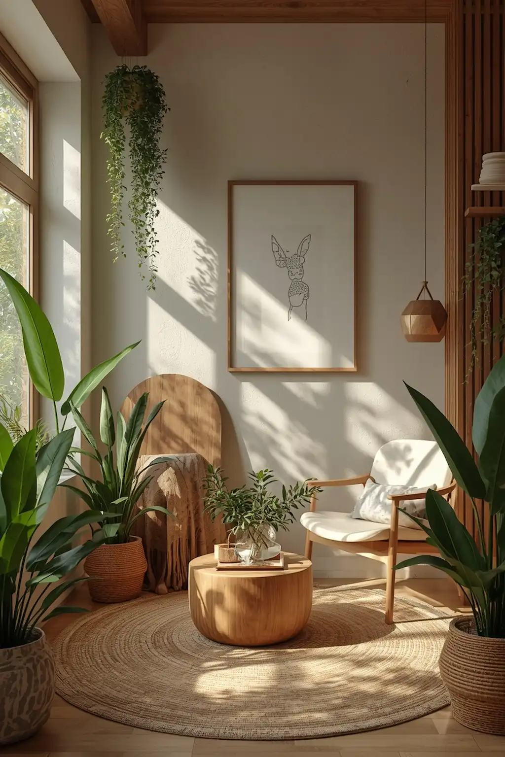 Nature-inspired apartment with indoor plants and natural wood finishes