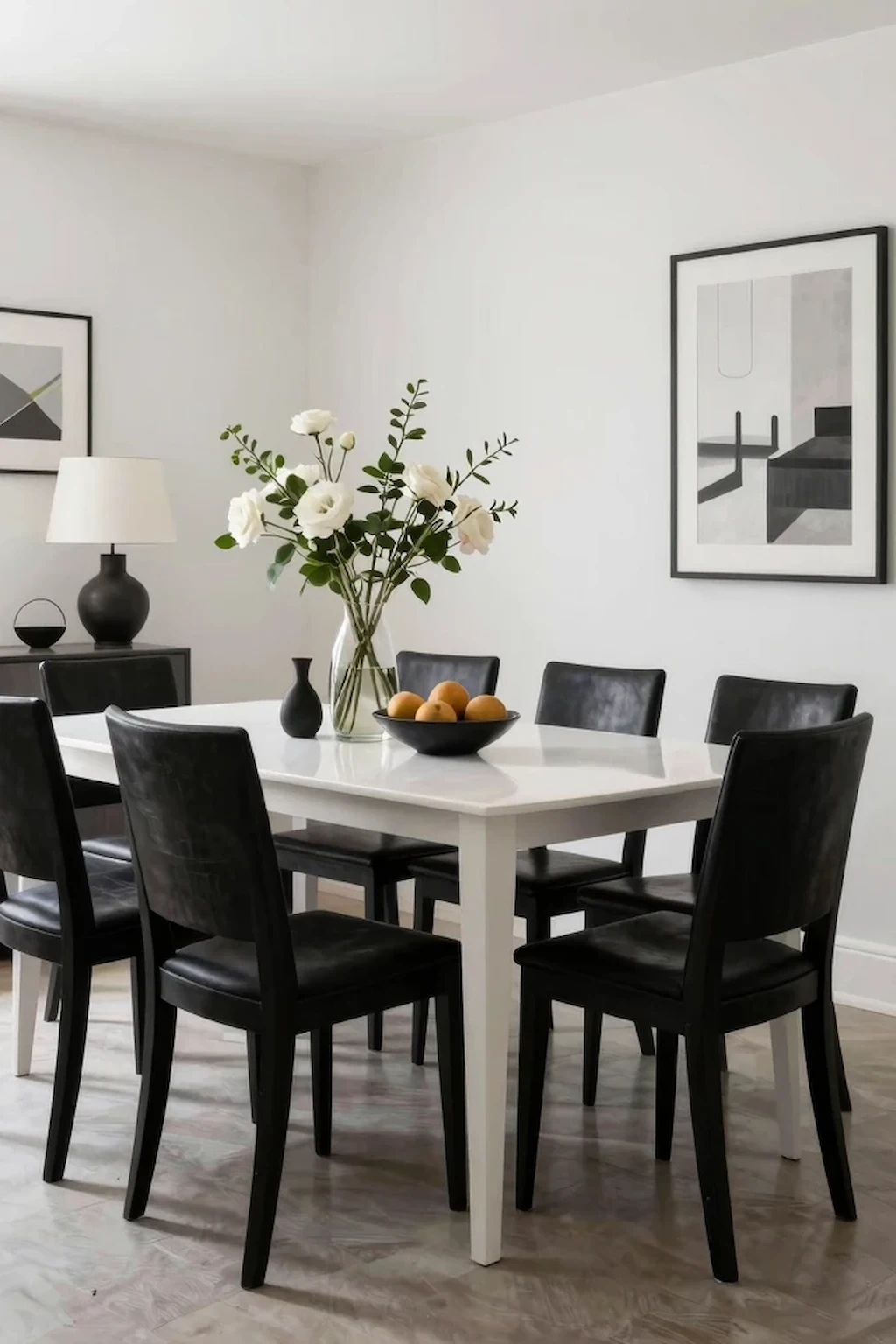 White dining room with black dining chairs