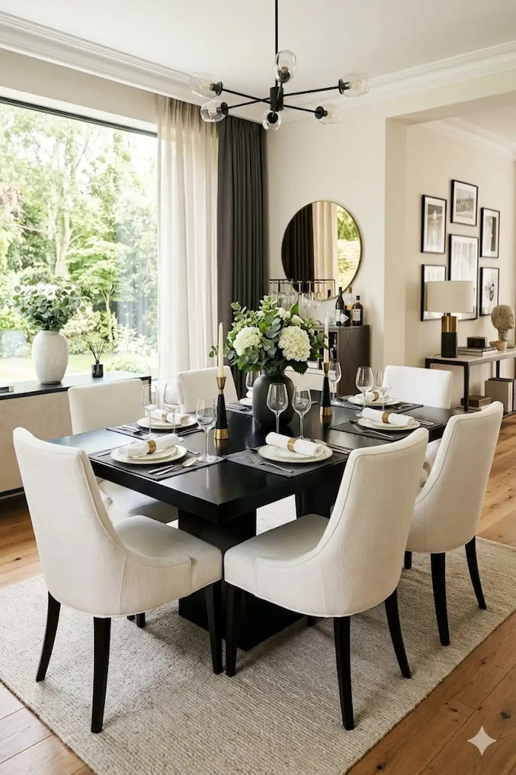Black dining table paired with elegant white upholstered chairs