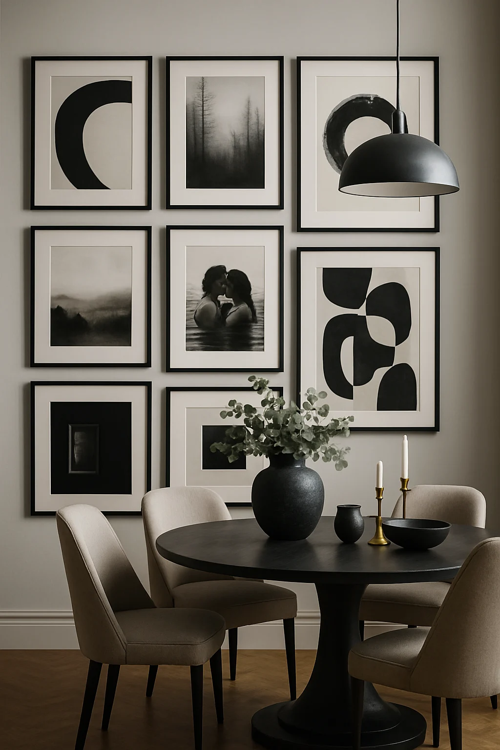 Dining room gallery wall with black framed artwork