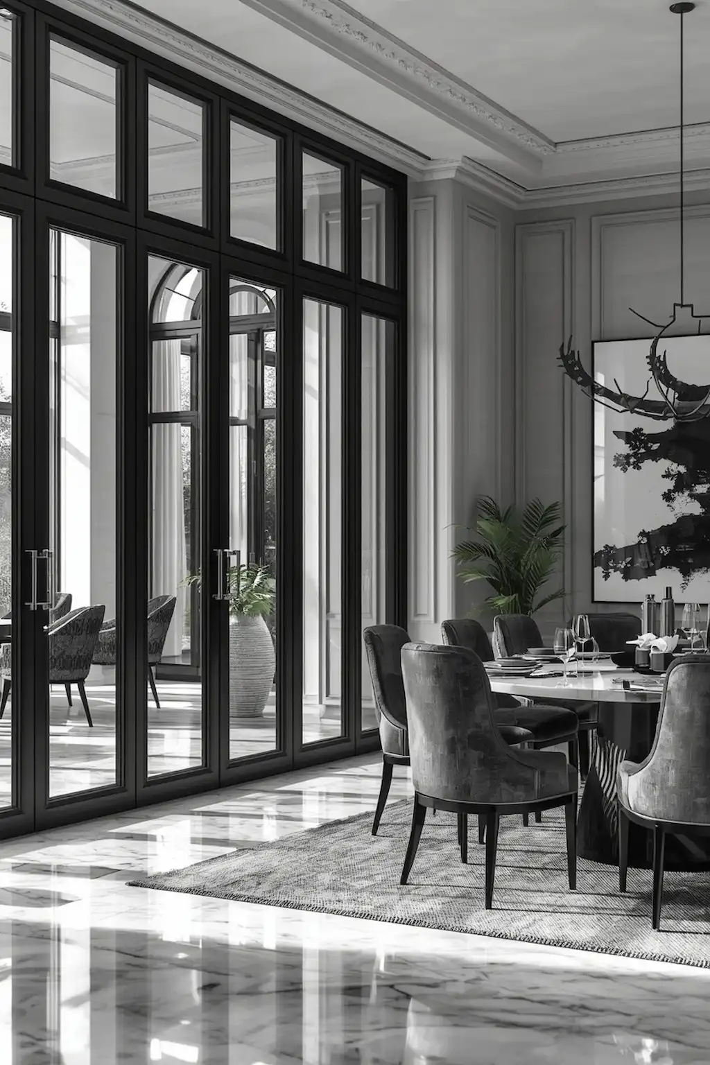 Dining room with black framed glass doors and elegant decor