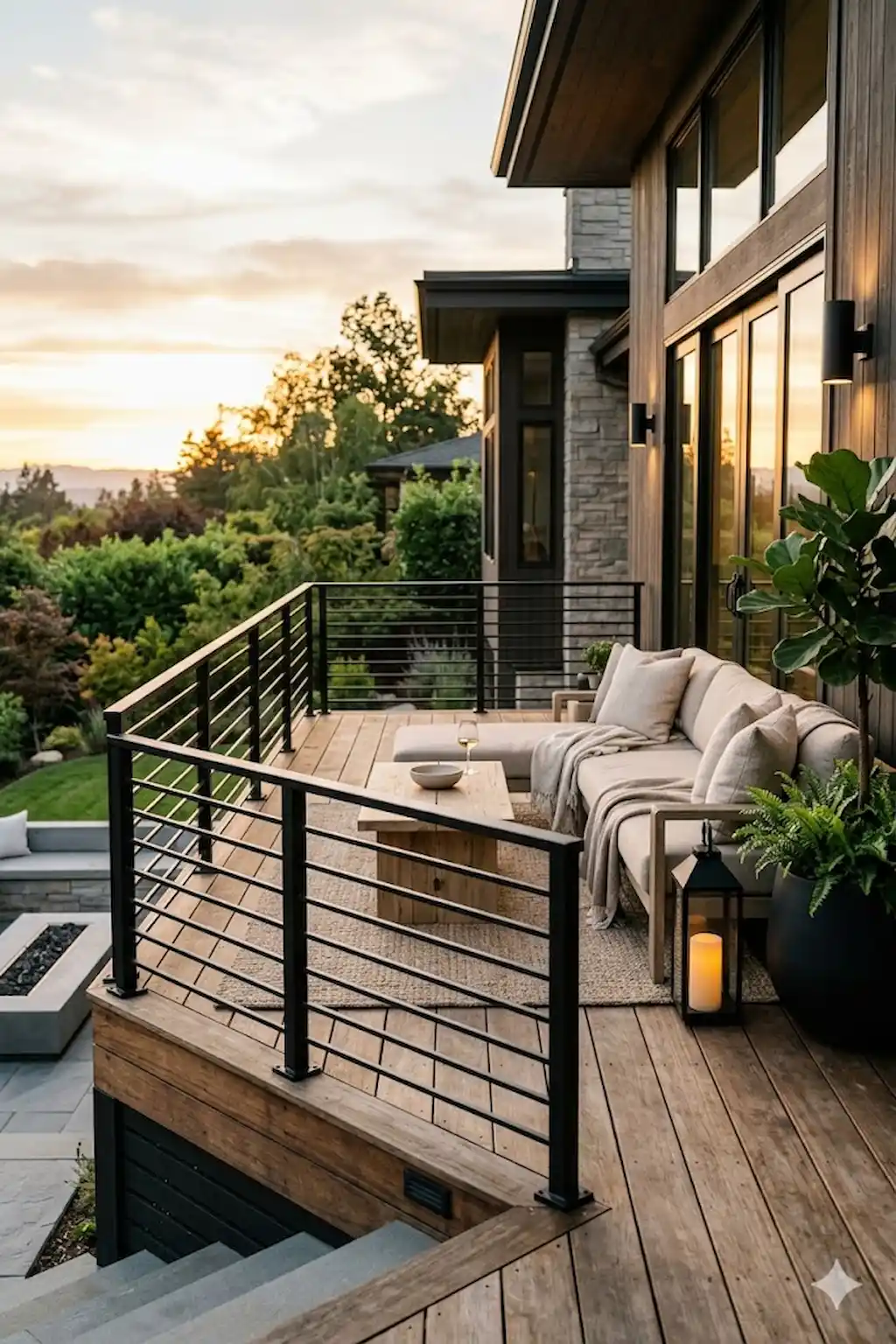 Modern deck with matte black metal railings and cozy seating