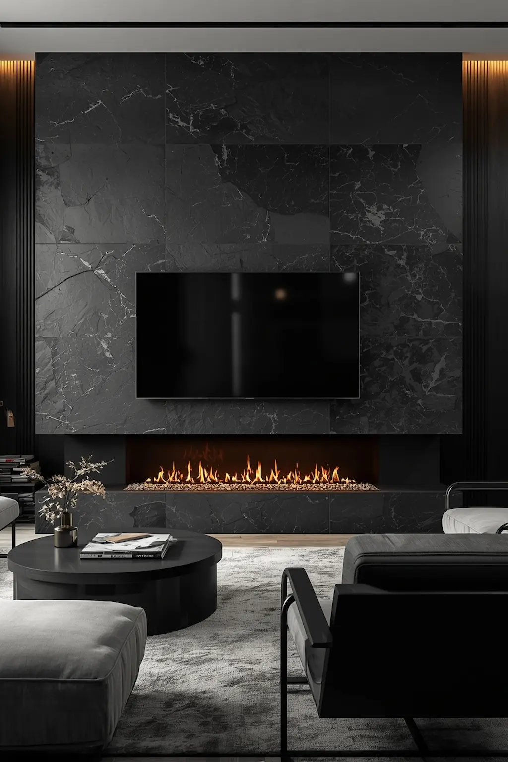 Dramatic black stone fireplace wall with mounted TV and modern luxury design