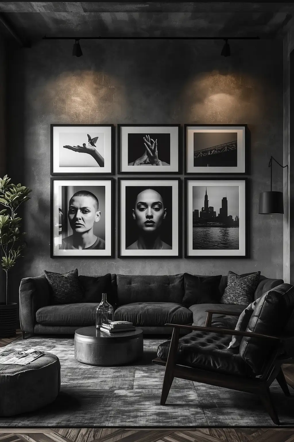 Black-and-white photography gallery wall in cozy modern apartment