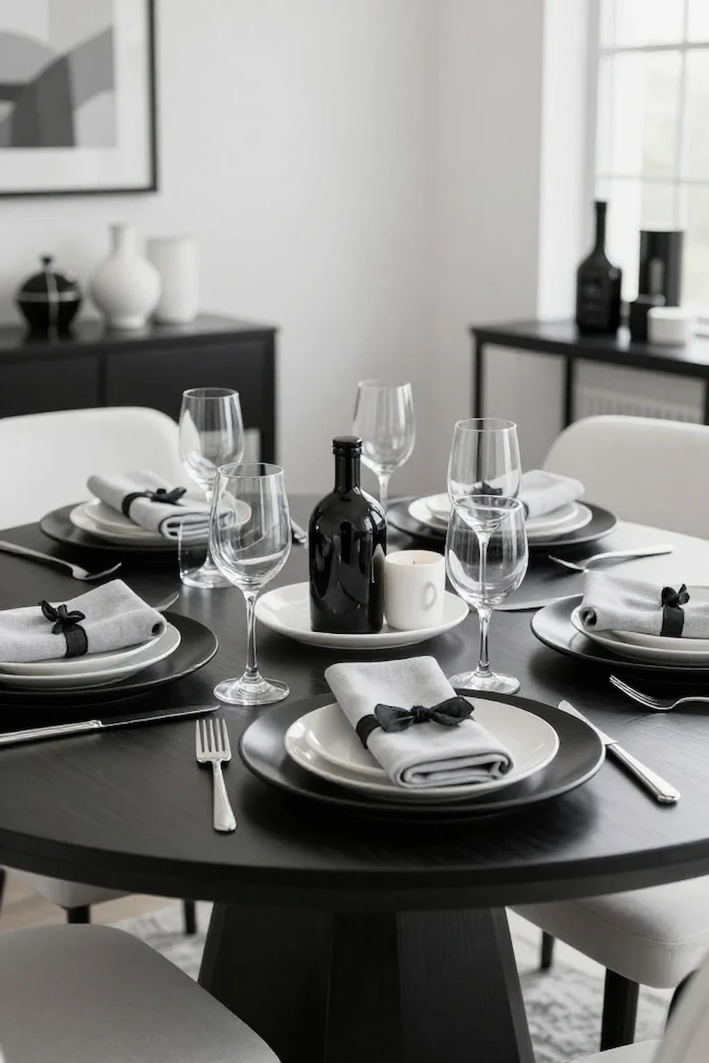 Elegant black and white dining table setting