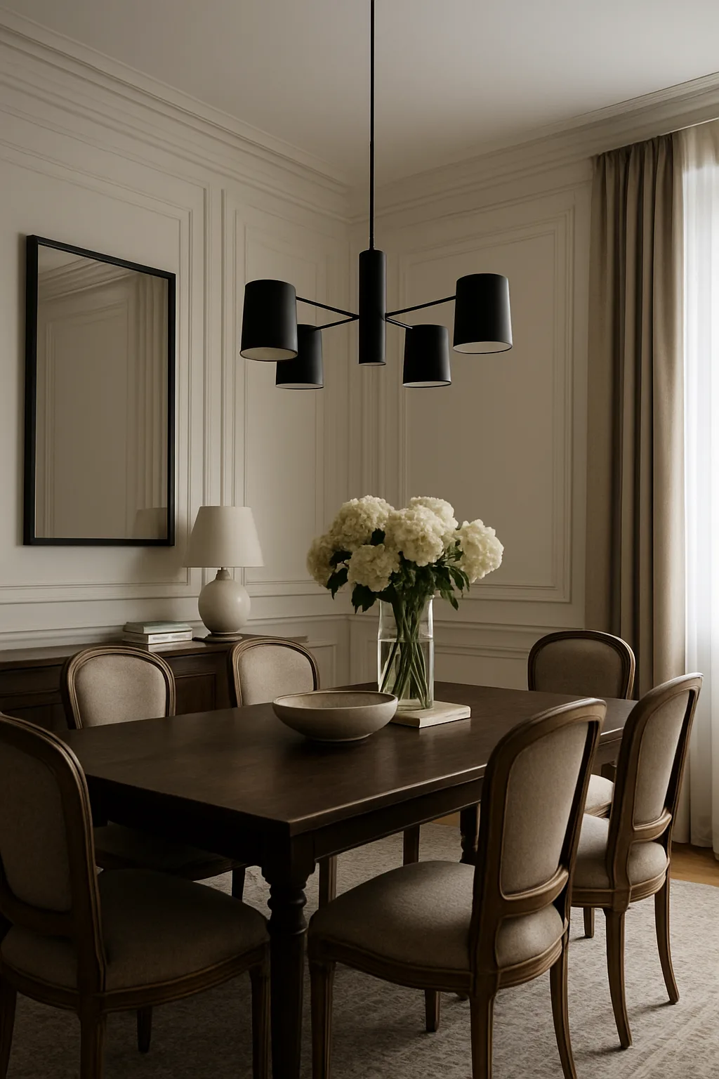 Black and white dining room mixing modern and traditional design