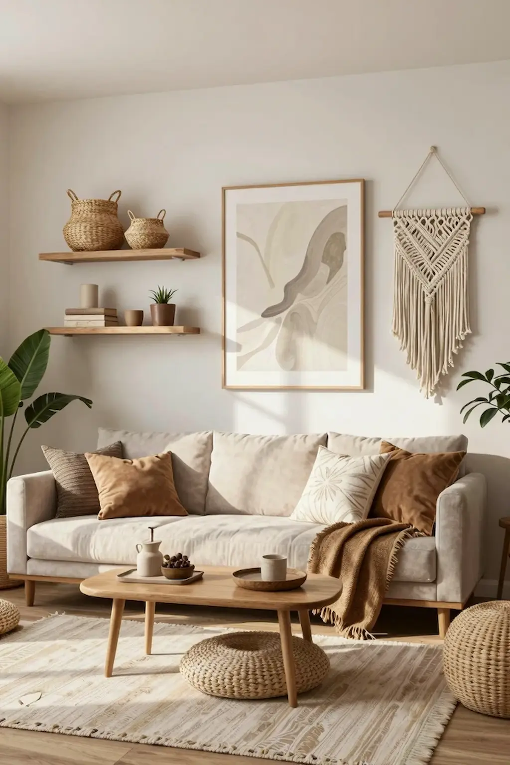 Boho living room with macrame wall art and woven decor accents