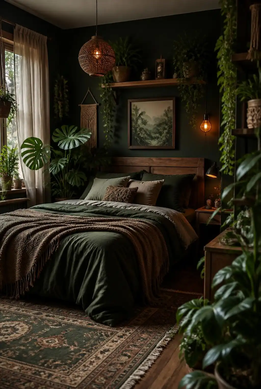 Moody boho bedroom with indoor plants and natural vibes
