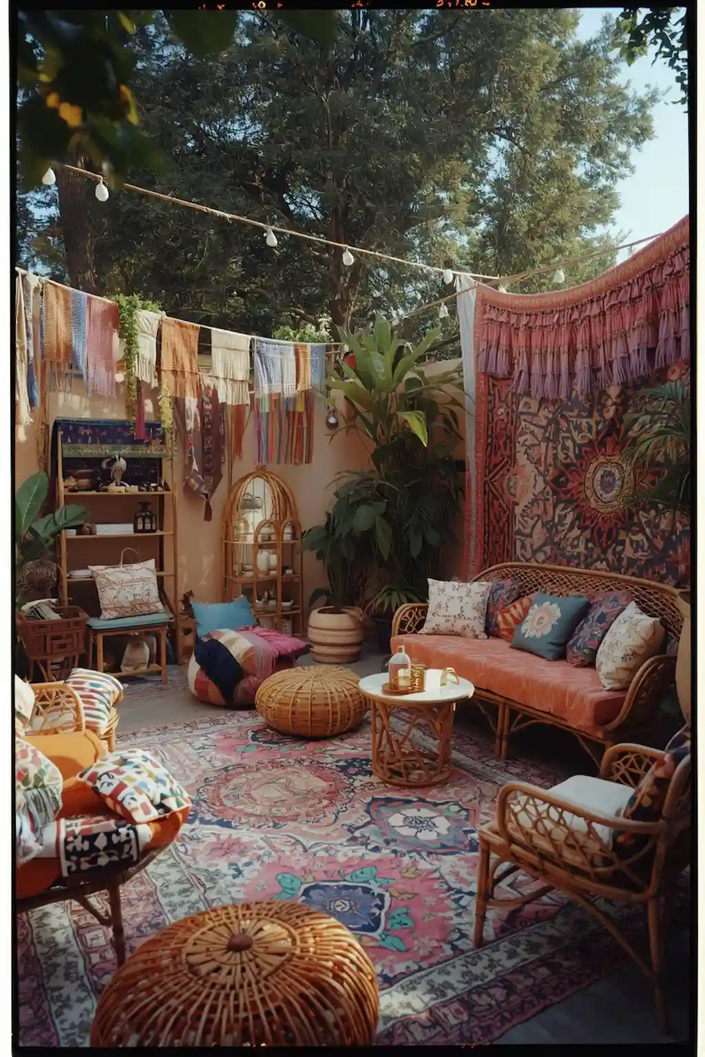 Boho backyard with colorful rugs and cushions