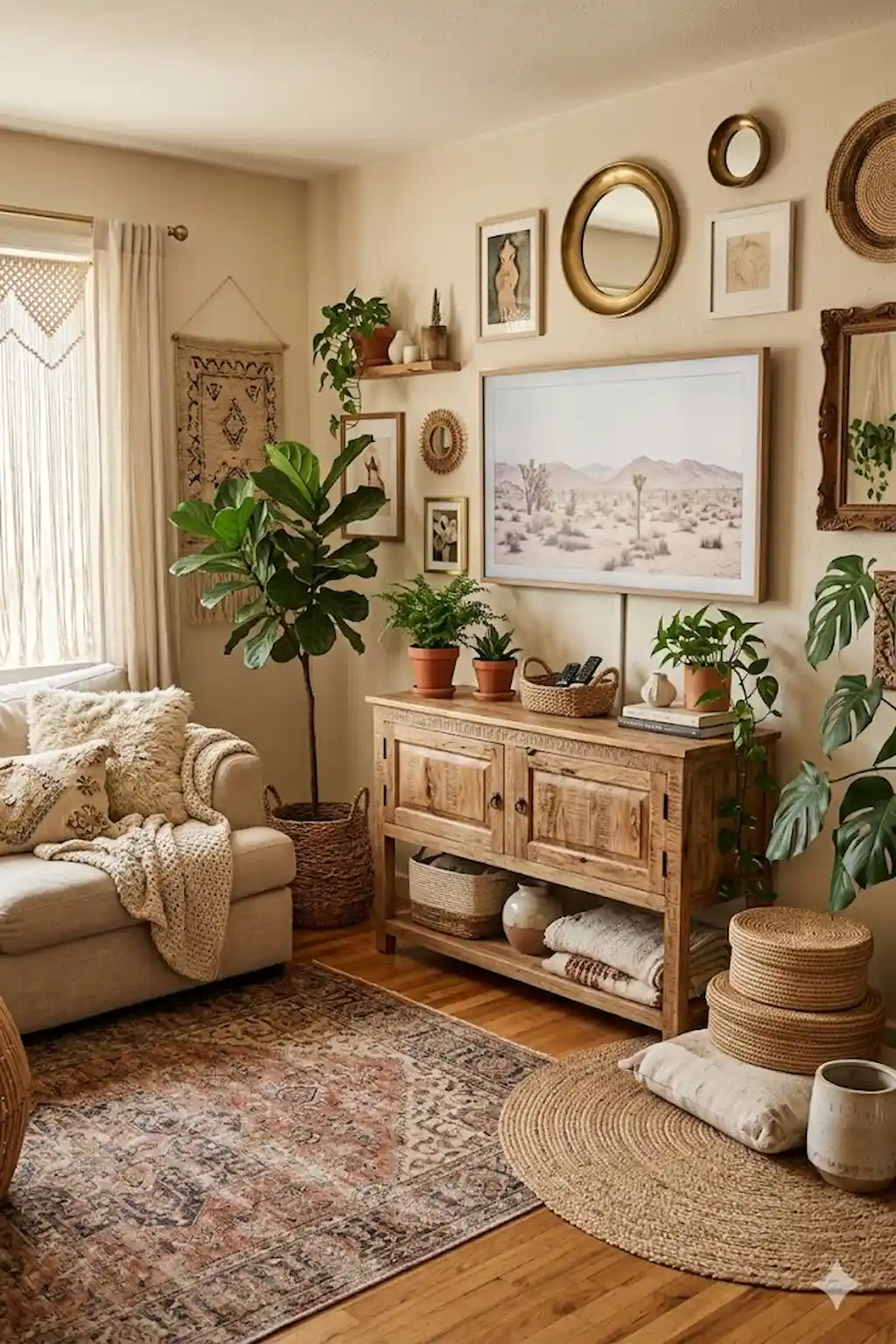 Bohemian TV cabinet with woven décor, plants, and natural wood finishes