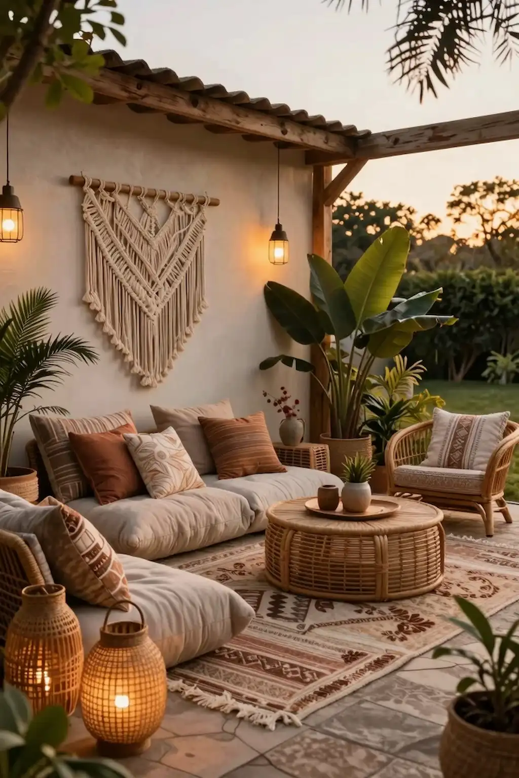 Cozy boho outdoor patio with rattan furniture and lanterns