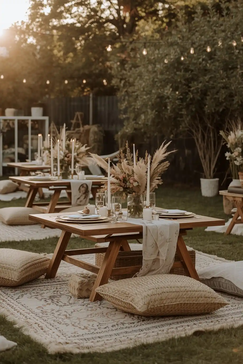 Boho-style outdoor picnic setup with floor cushions and low table