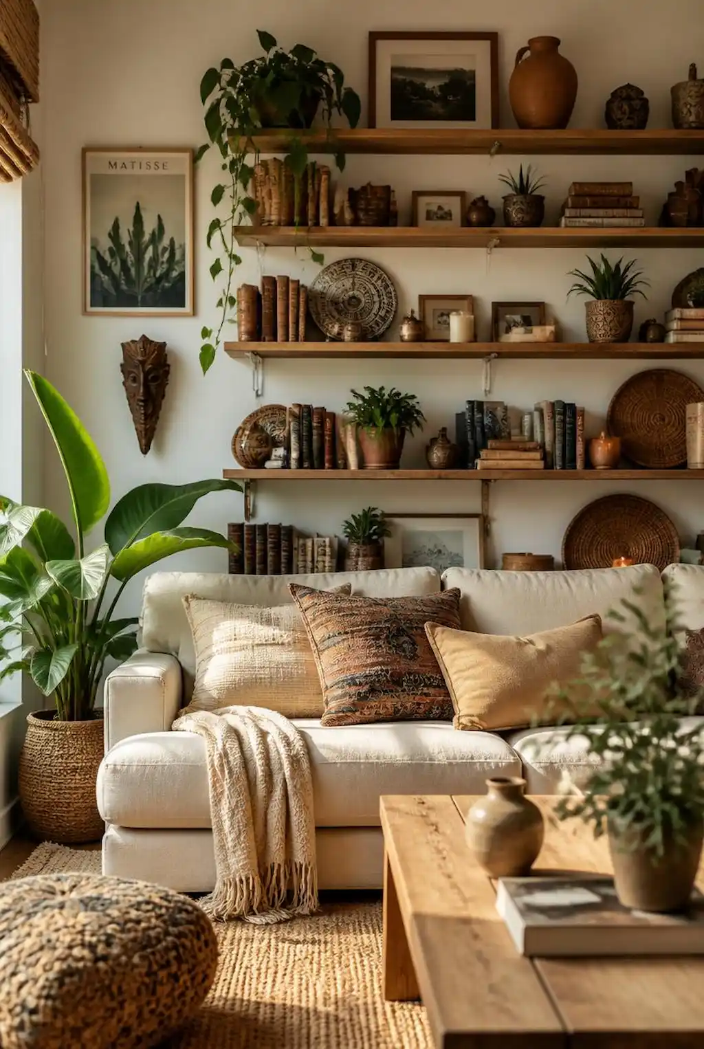 Open shelves styled with plants, books, and ceramic decor in a boho living room