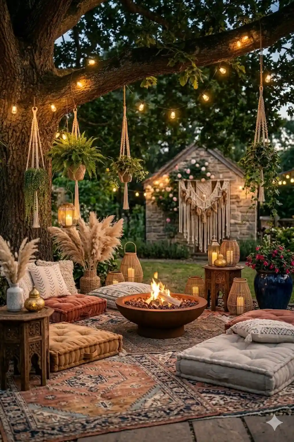 Boho pallet seating area with rugs and lanterns