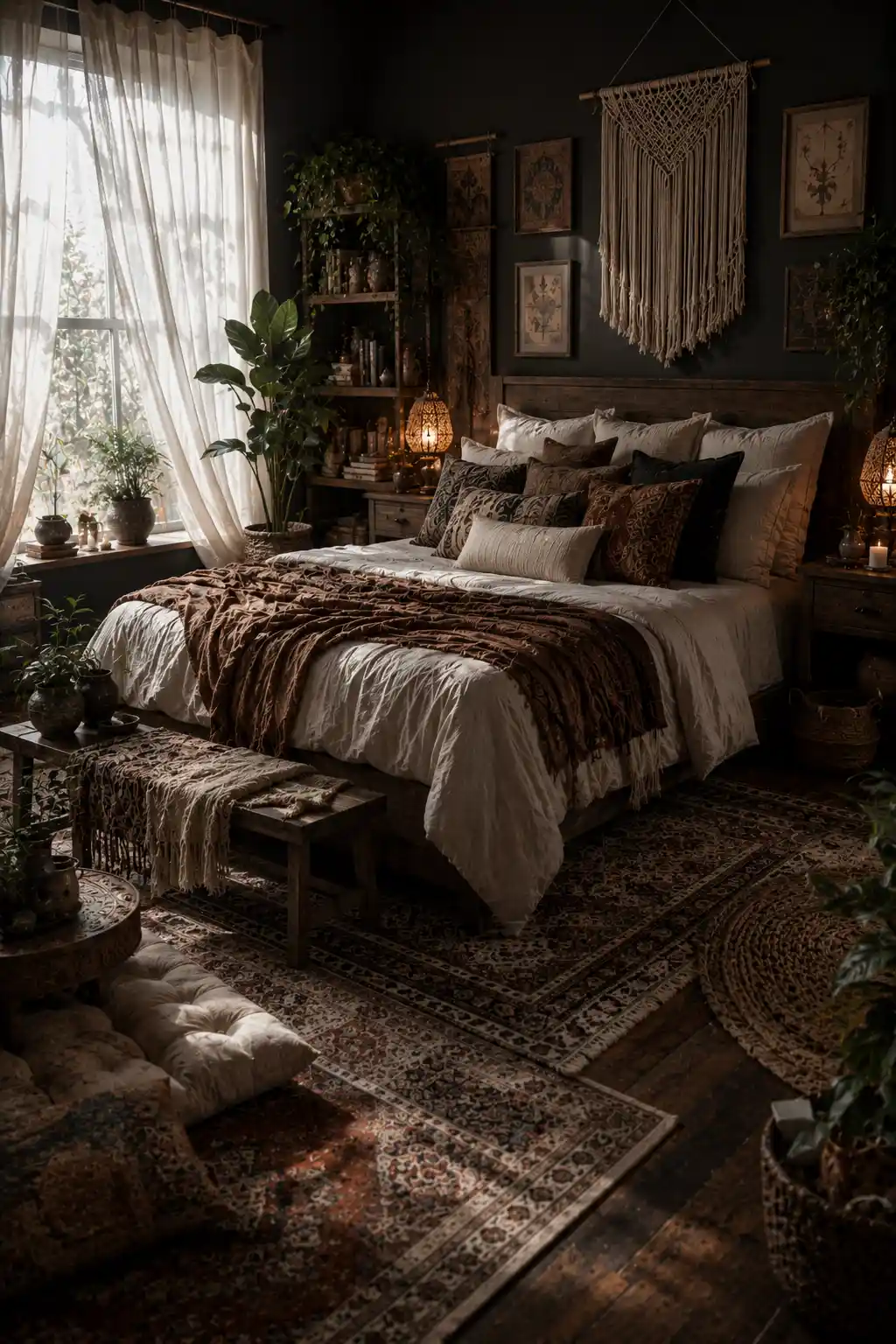 Boho bedroom with warm dim lighting and cozy ambiance