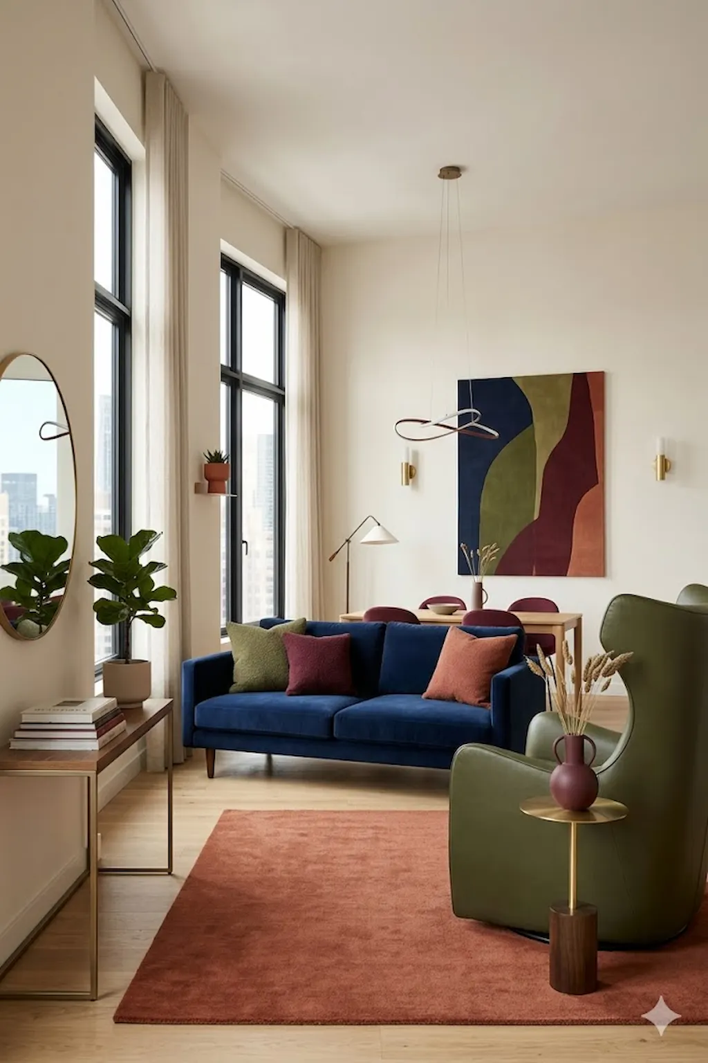 Modern apartment with bold accent colors and stylish minimalist decor