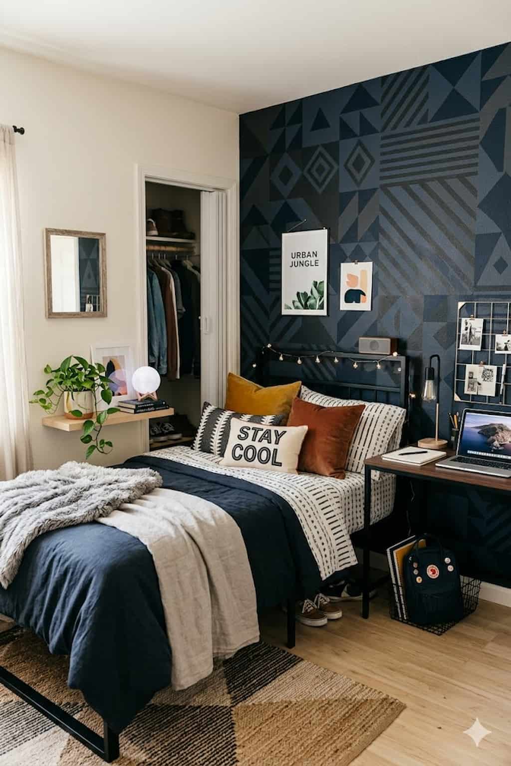 teen bedroom with bold geometric accent wall
