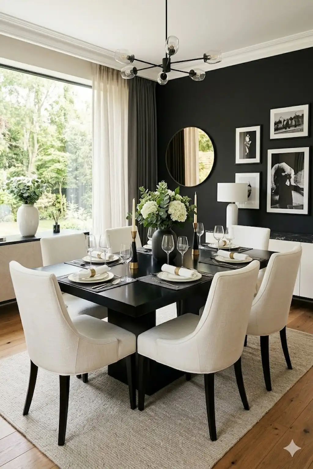 Dining room with dramatic black accent wall