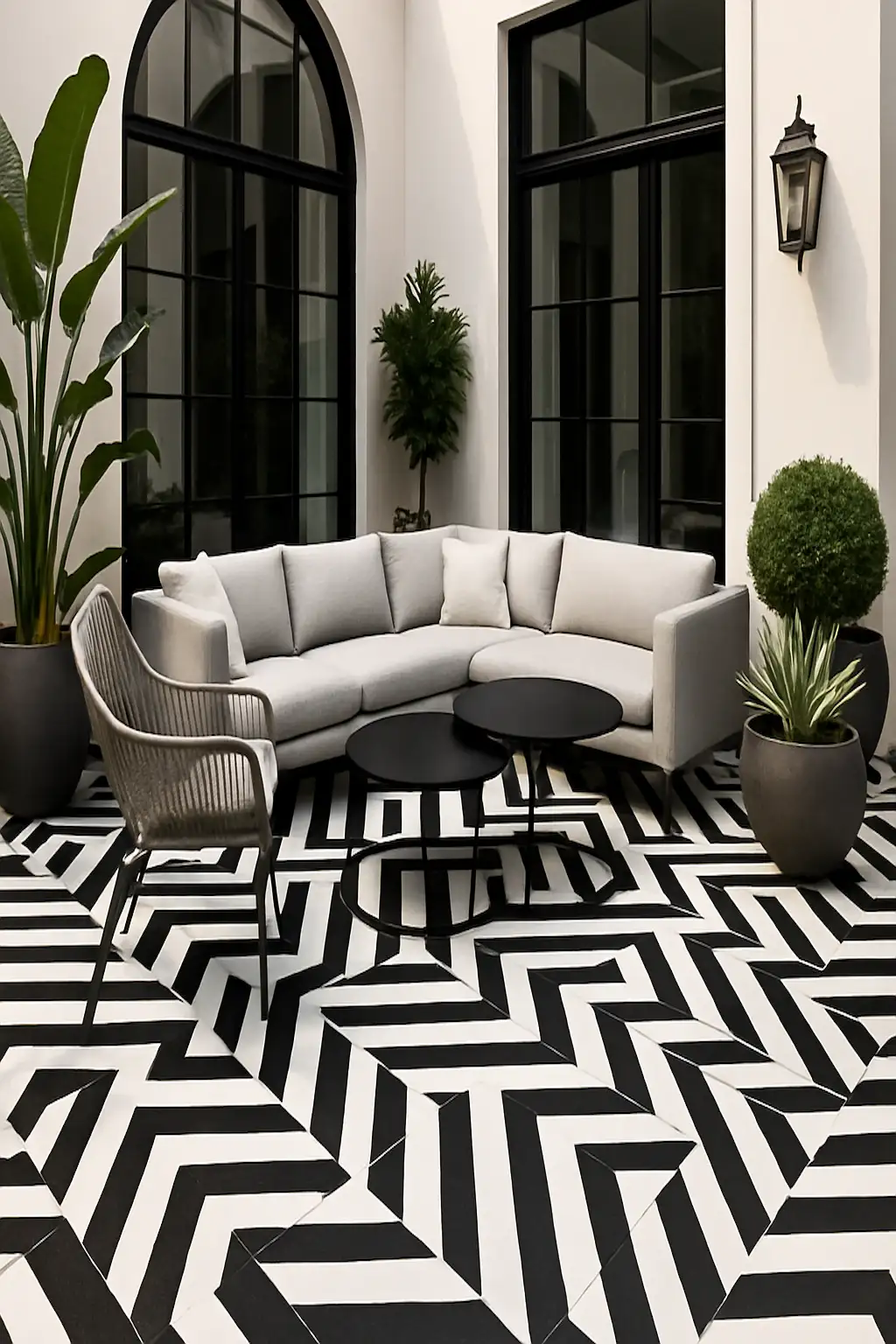 Outdoor patio with striking black-and-white geometric tile flooring