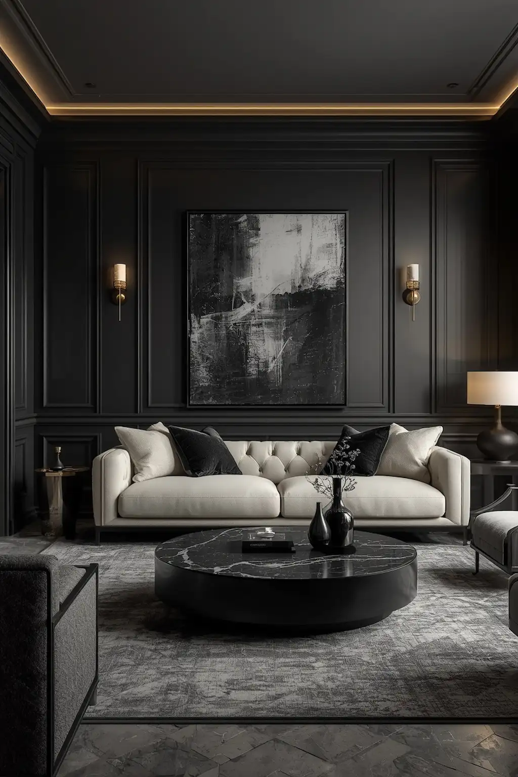 Modern charcoal grey living room with luxurious dramatic decor