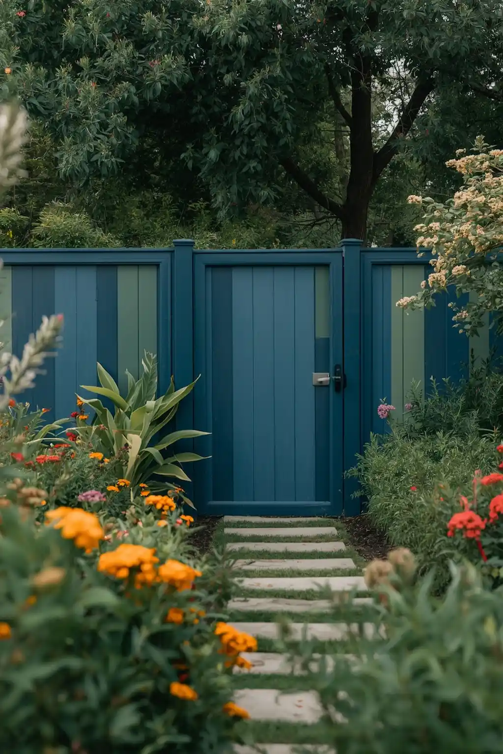 Backyard with colorful painted fence and flowers