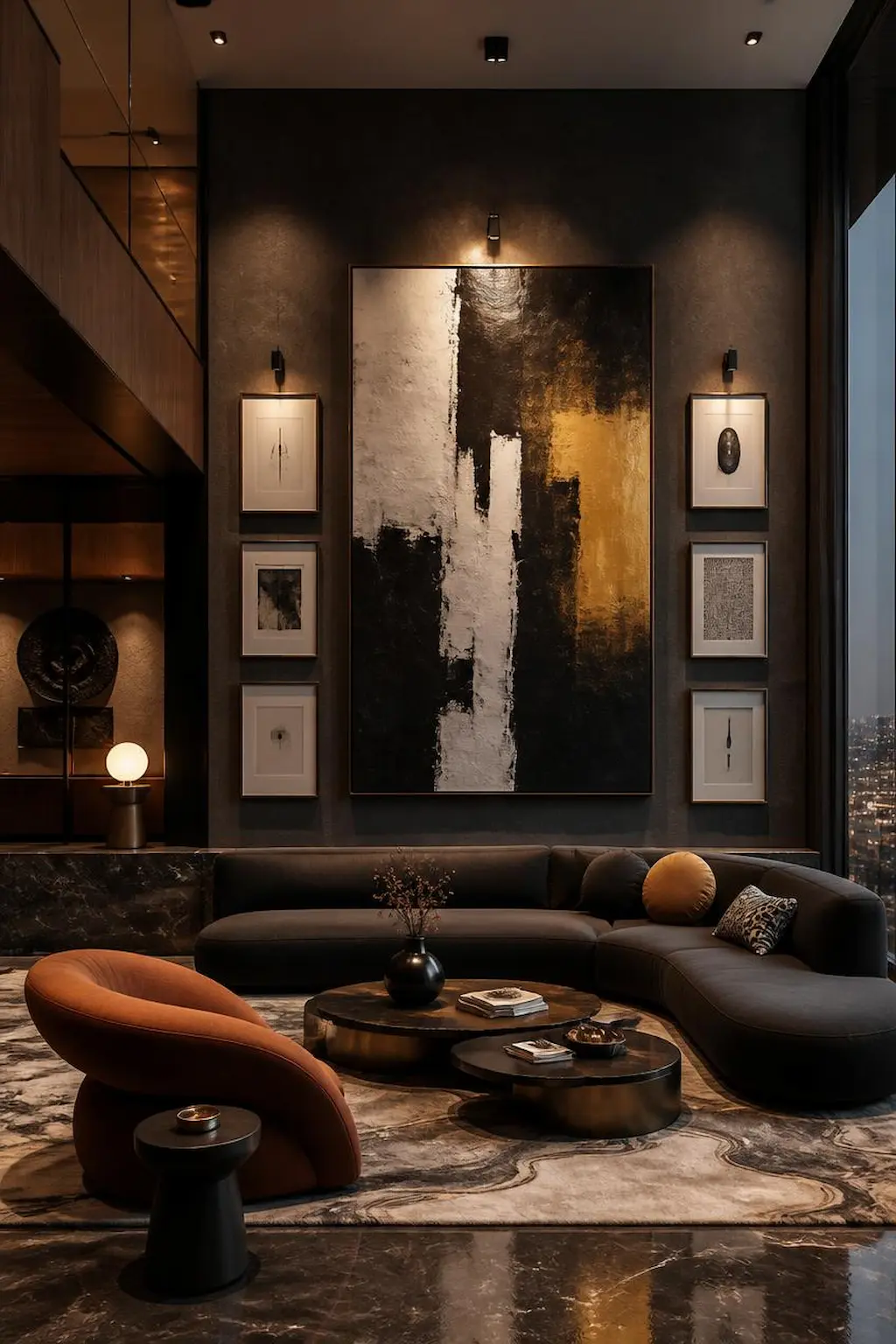 Modern living room with oversized statement artwork and elegant decor