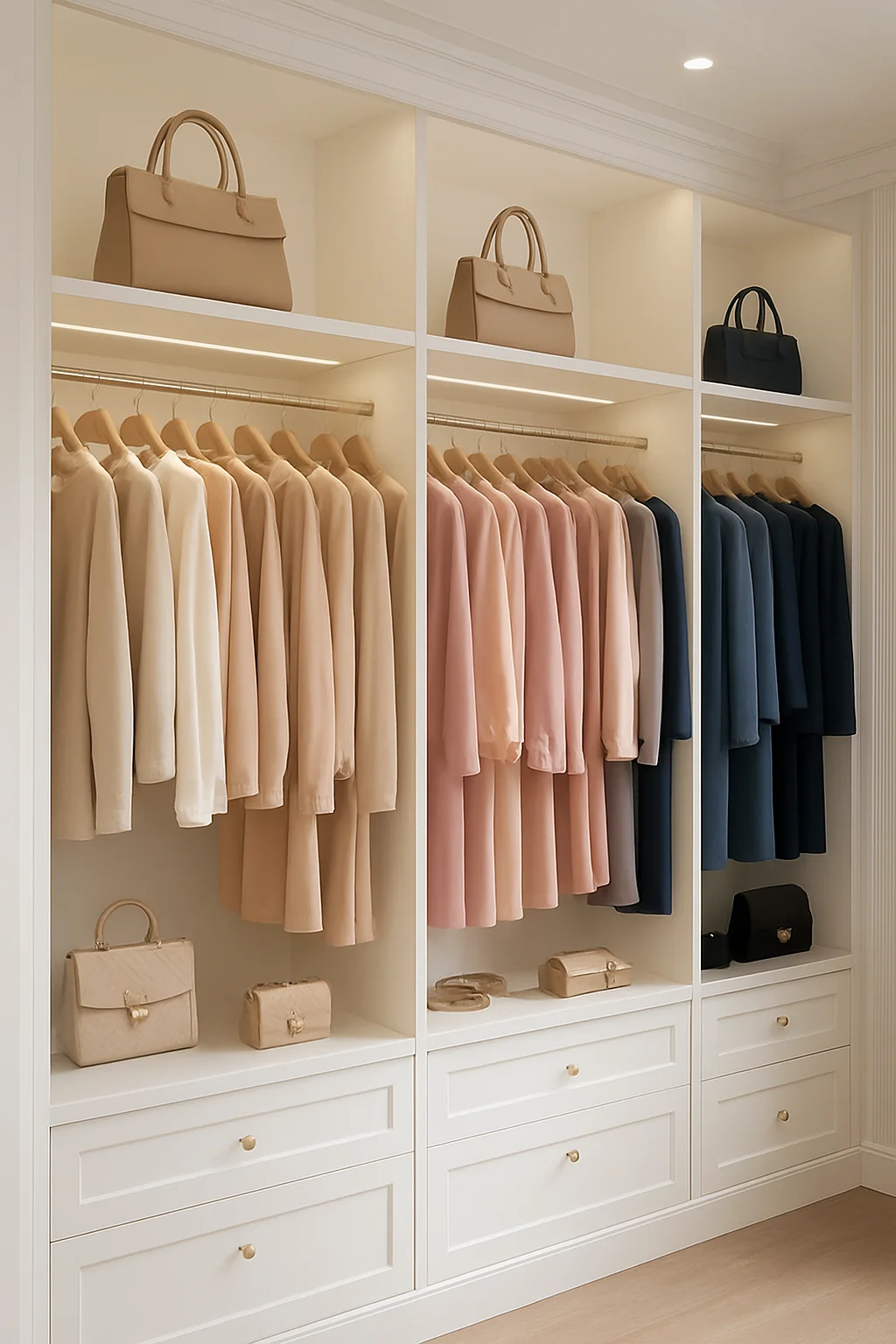 Boutique-inspired wardrobe with organized clothing display