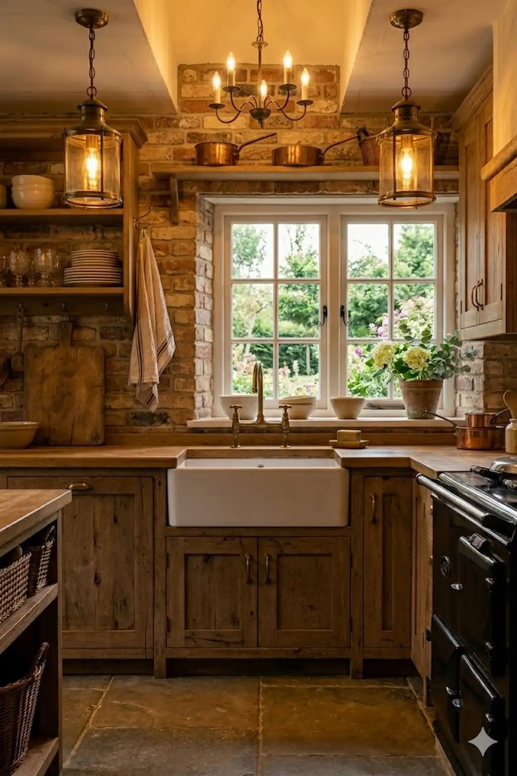 Rustic kitchen with exposed brick wall
