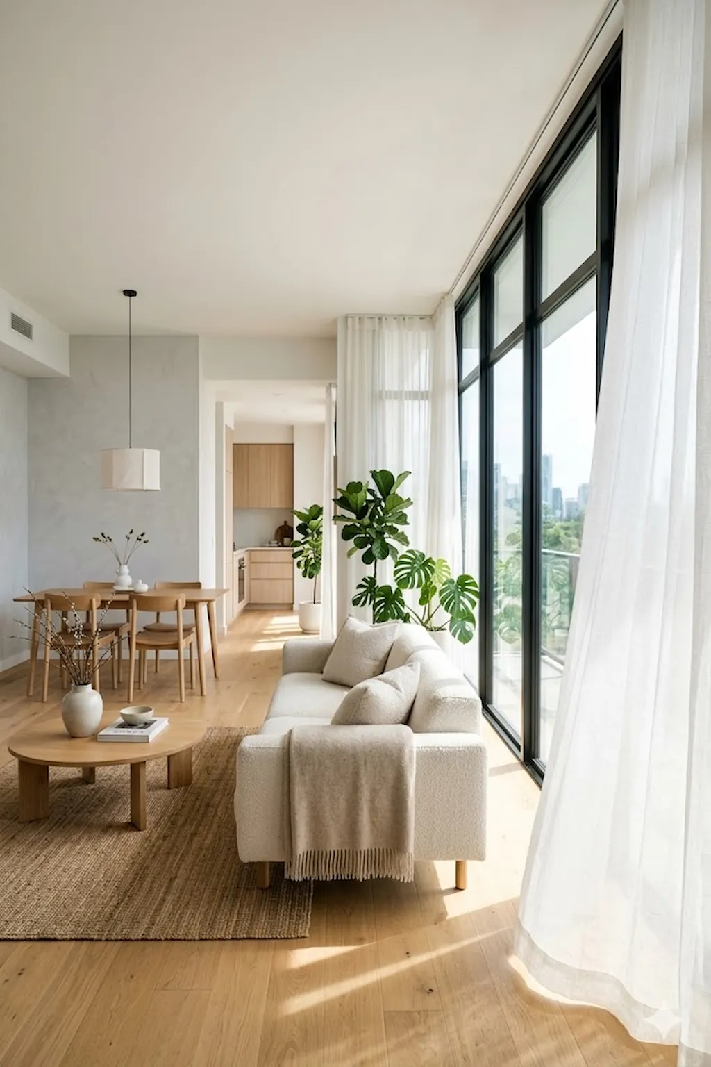 Bright apartment interior with large windows and warm minimalist decor