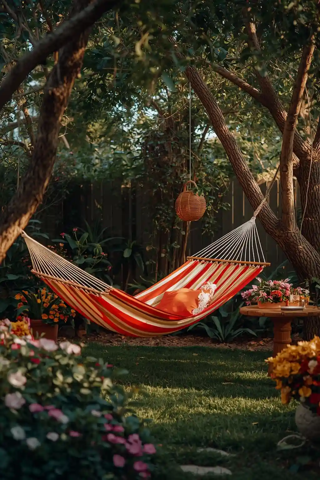Colorful hammock in cozy backyard setting