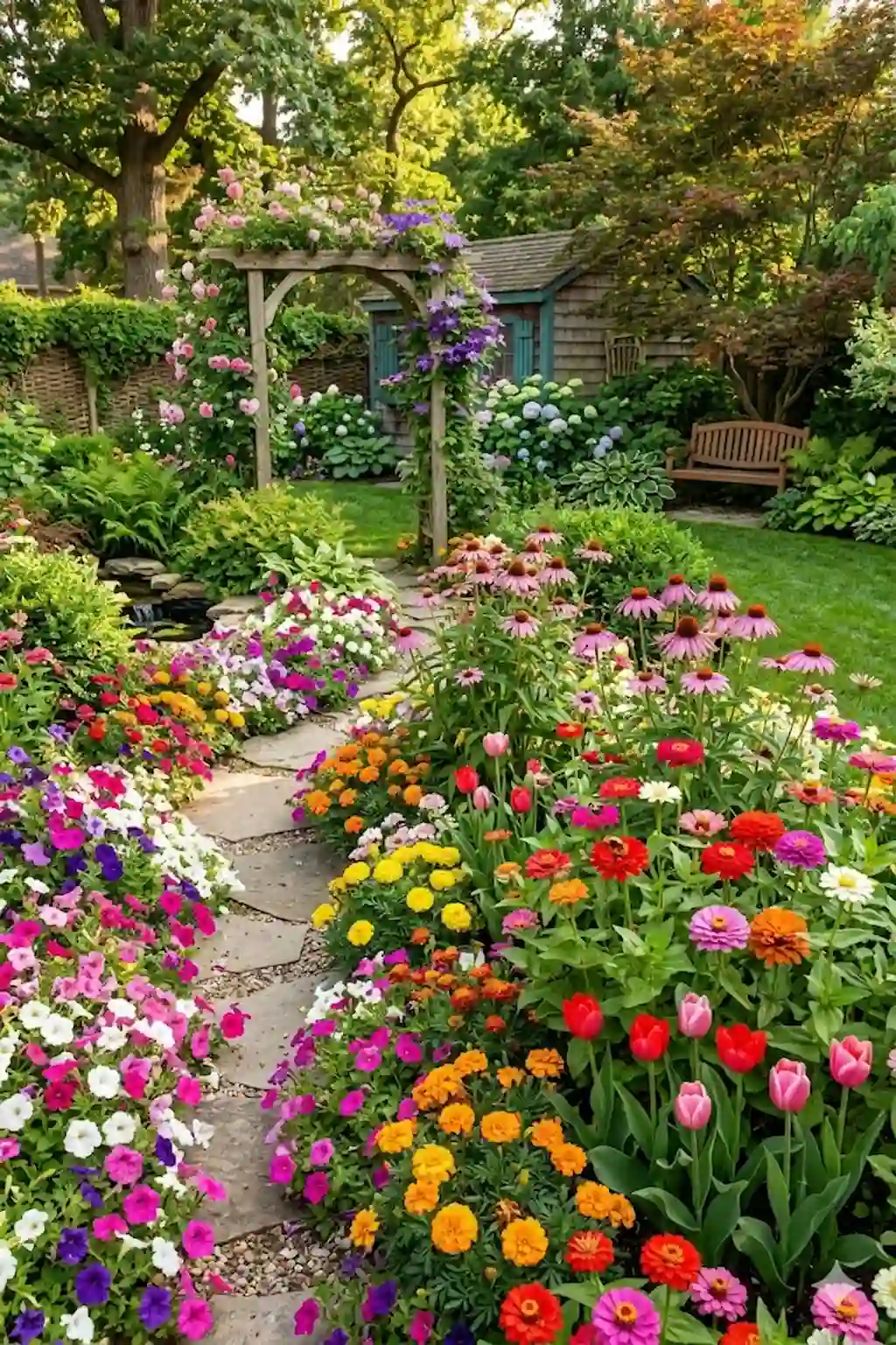 Colorful backyard flower beds with blooming flowers