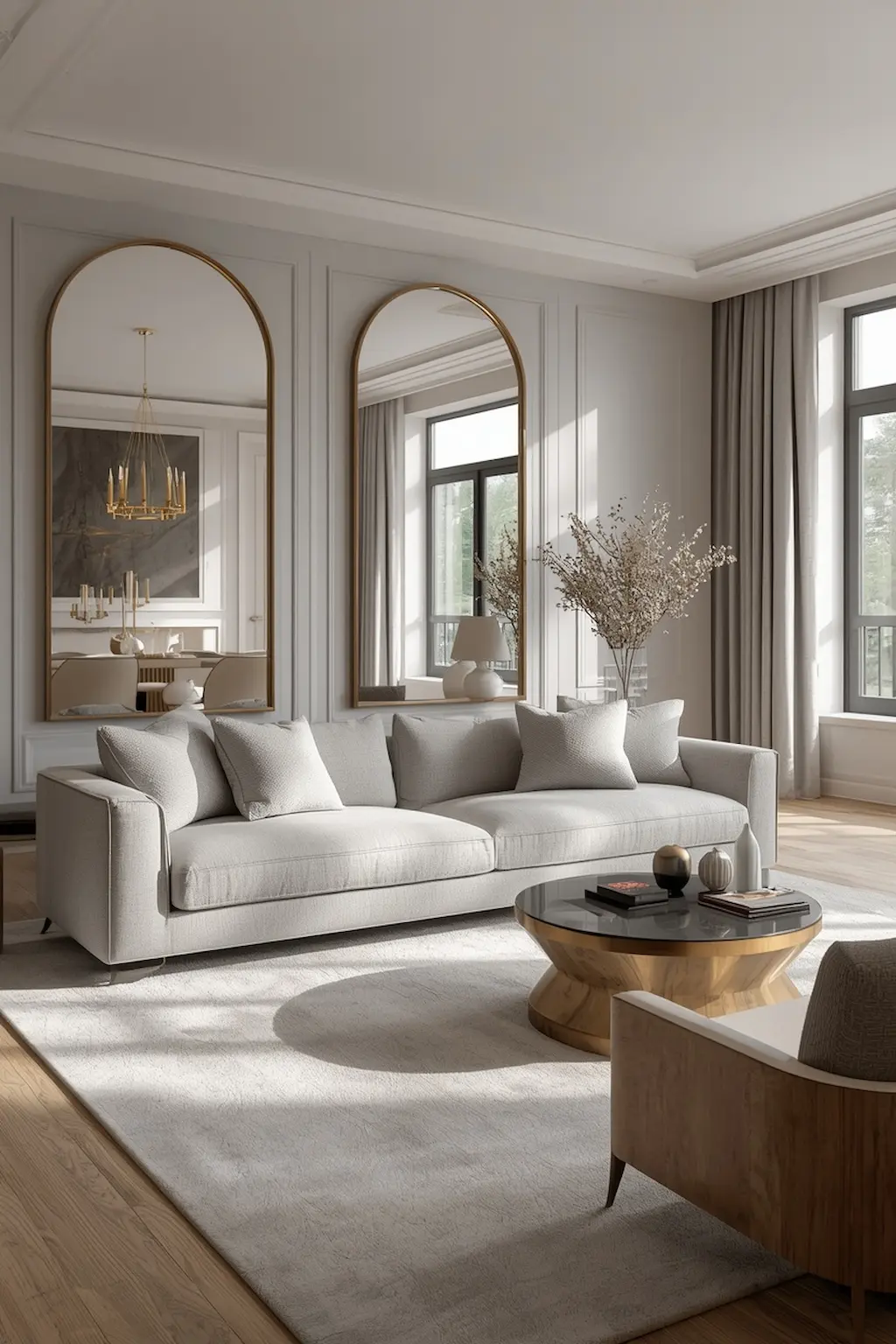 Grey living room with oversized mirrors and bright modern interior design