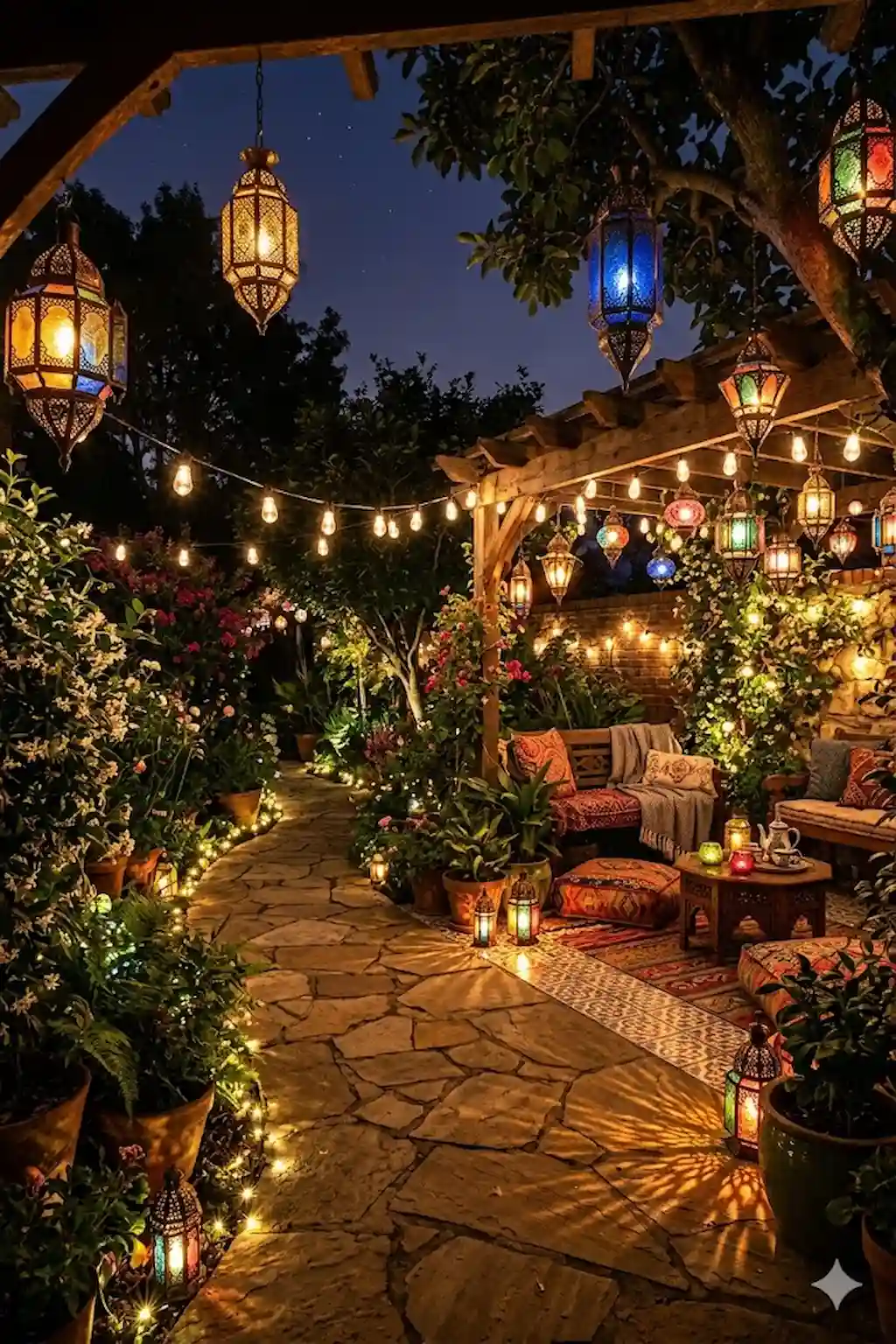 Colorful lanterns decorating backyard at night