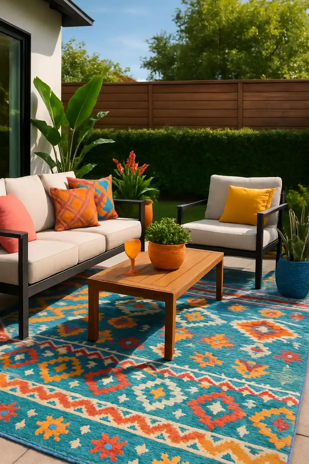 Colorful outdoor rug on patio seating area